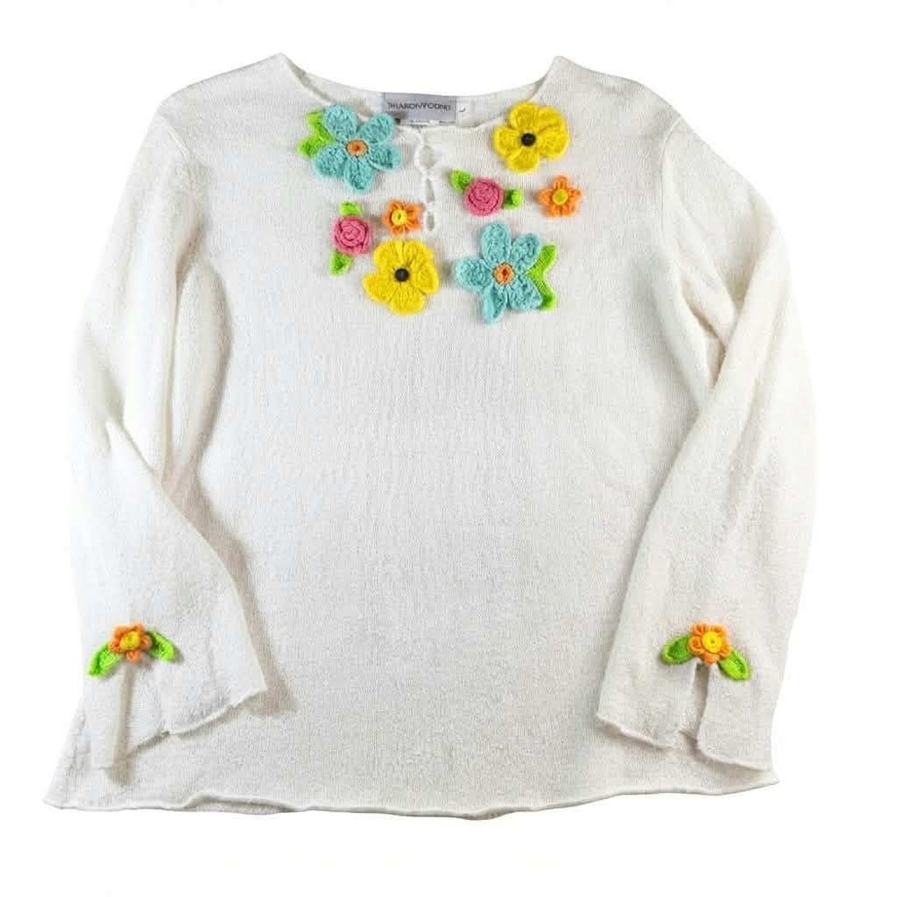 Sharon Young White Knit Top Crochet Floral Applique Long Sleeve Women Large